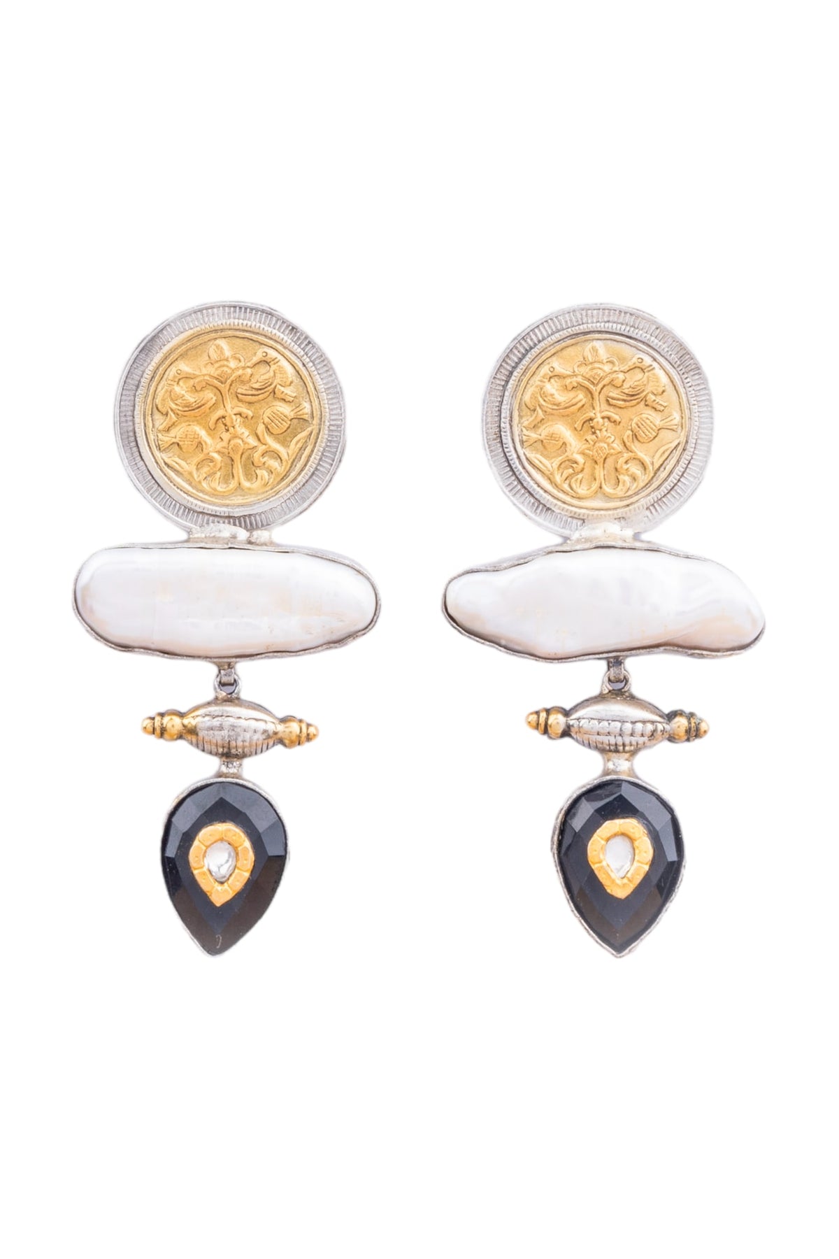 White Finish Mother Of Pearls & Black Onyx Stone Dangler Earrings In Sterling Silver