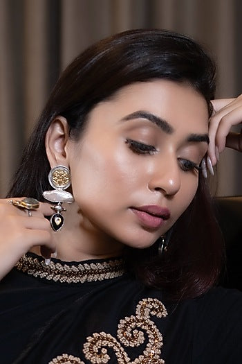 White Finish Mother Of Pearls & Black Onyx Stone Dangler Earrings In Sterling Silver
