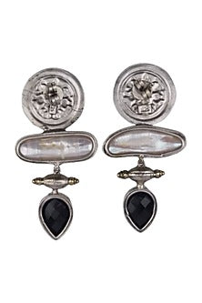 White Finish Mother Of Pearls & Black Onyx Stone Dangler Earrings In Sterling Silver