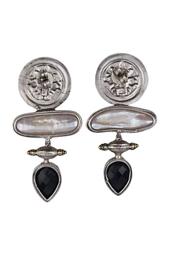 White Finish Mother Of Pearls & Black Onyx Stone Dangler Earrings In Sterling Silver