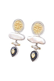 White Finish Mother Of Pearls & Black Onyx Stone Dangler Earrings In Sterling Silver