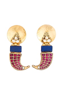 Gold Finish Blue Lapis Lazuli Stone & Red Kundan Polki Stone Stone Dangler Earrings In Sterling Silver