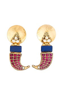 Gold Finish Blue Lapis Lazuli Stone & Red Kundan Polki Stone Stone Dangler Earrings In Sterling Silver