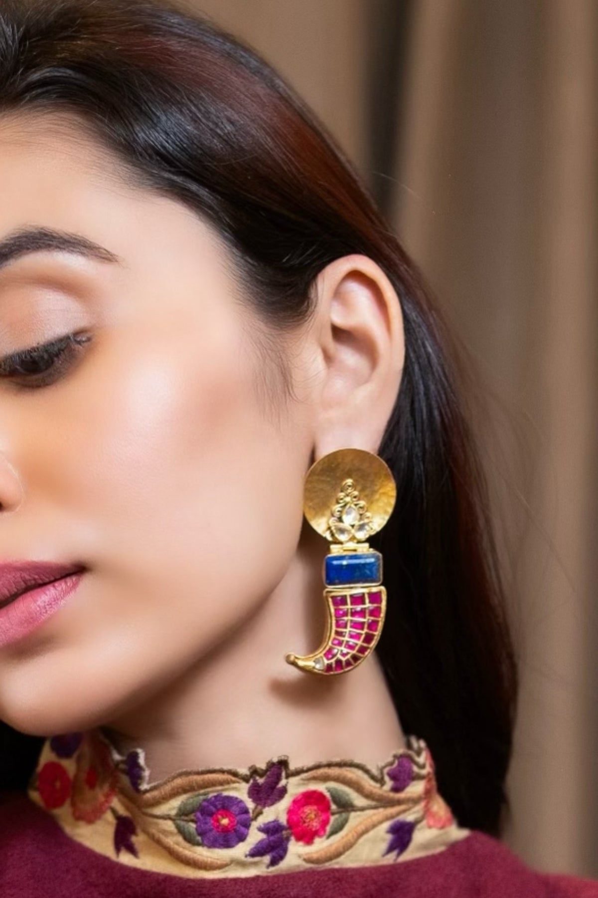 Gold Finish Blue Lapis Lazuli Stone & Red Kundan Polki Stone Stone Dangler Earrings In Sterling Silver