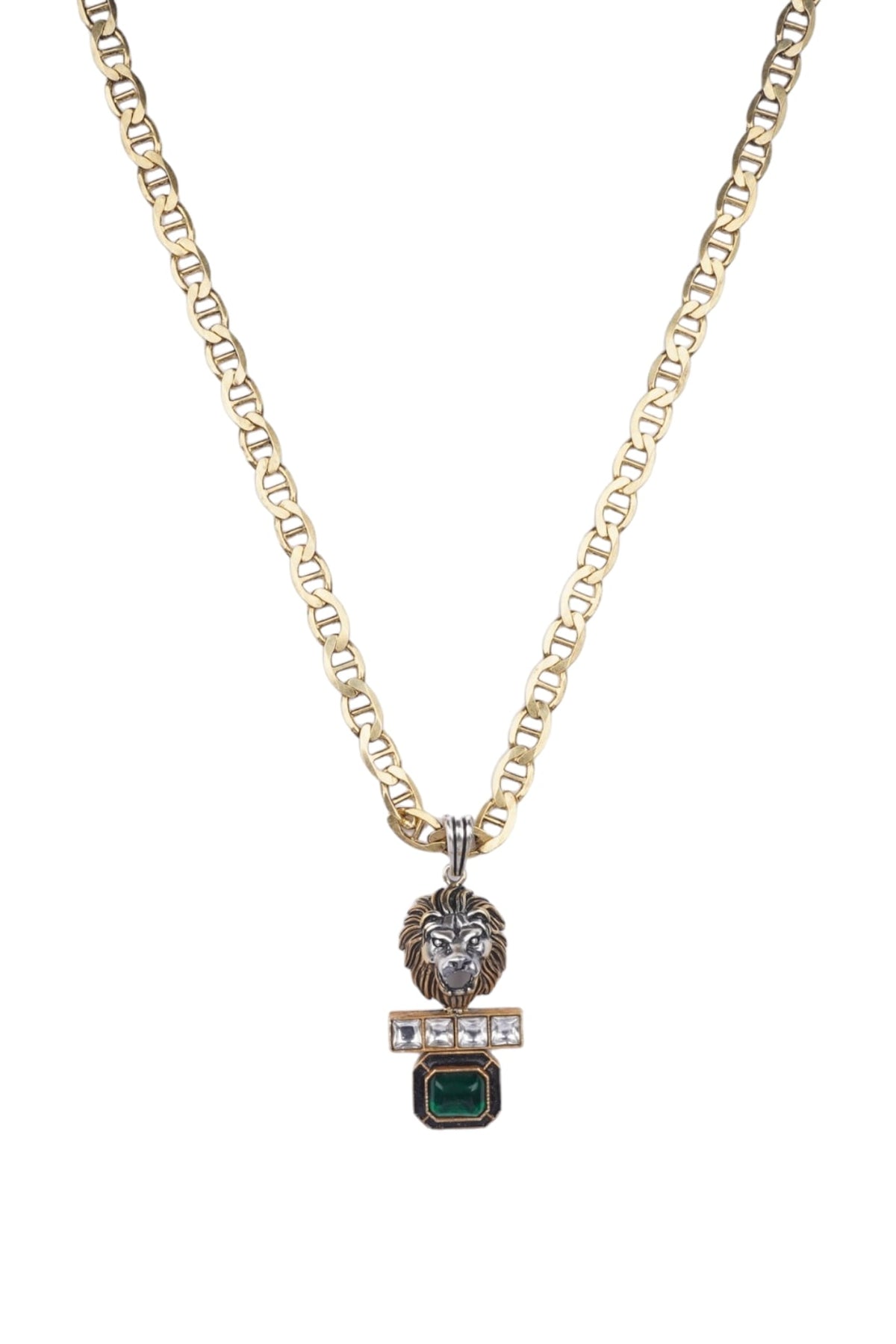 Two Tone Finish Green Doublet Stone & Kundan Polki Long Necklace In Sterling Silver