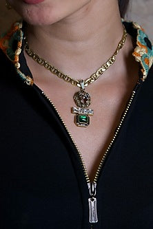 Two Tone Finish Green Doublet Stone & Kundan Polki Long Necklace In Sterling Silver