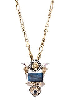 Two Tone Finish Blue Lapis Lazuli Stone & Bird Motif Long Necklace In Sterling Silver