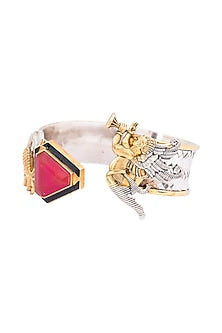 Two Tone Finish Red Doublet Stone & Cherub Motif Adjustable Cuff Bracelet In Sterling Silver