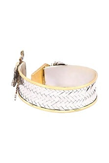Two Tone Finish Red Doublet Stone & Cherub Motif Adjustable Cuff Bracelet In Sterling Silver