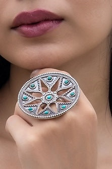 Black Rhodium Finish Turquoise Stone Ring In Sterling Silver
