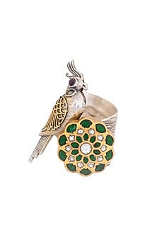 Two Tone Finish Green Kundan Polki Stone Avian Bird Ring In Sterling Silver
