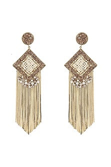 Gold Finish Tasseled Drop Earrings With Zircons