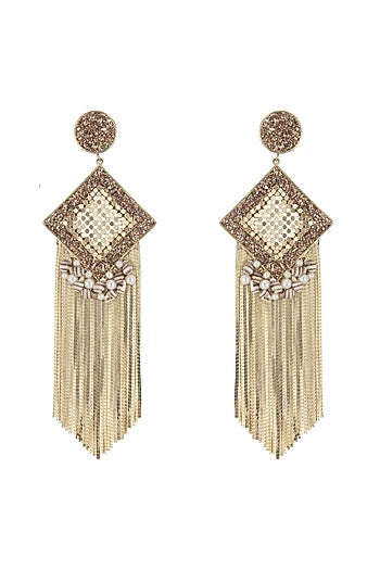 Gold Finish Tasseled Drop Earrings With Zircons