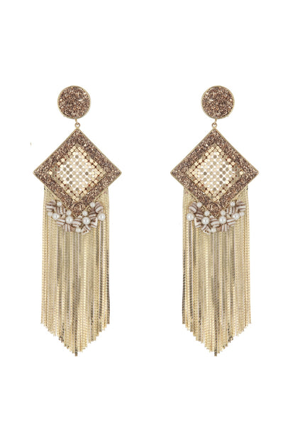 Gold Finish Tasseled Drop Earrings With Zircons