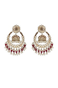 Gold Finish Red Beaded Jhumka Earrings