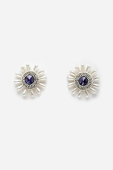 Gold Finish Amethyst Crystal & Pearl Stud Earrings