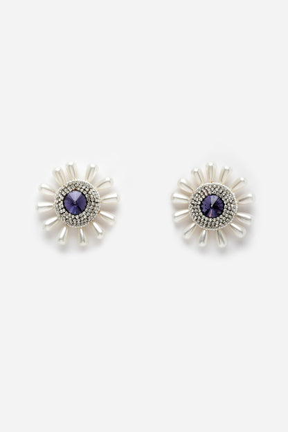 Gold Finish Amethyst Crystal & Pearl Stud Earrings