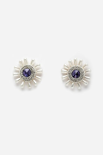 Gold Finish Amethyst Crystal & Pearl Stud Earrings