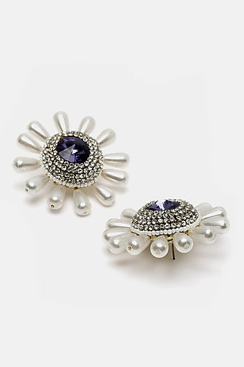 Gold Finish Amethyst Crystal & Pearl Stud Earrings