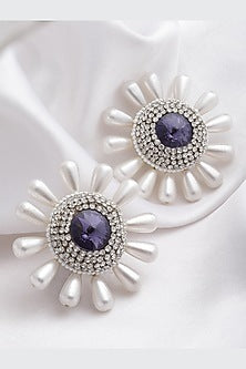 Gold Finish Amethyst Crystal & Pearl Stud Earrings