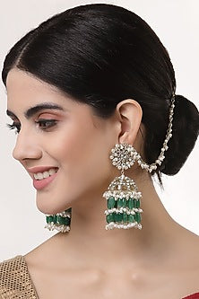 Gold Finish Crystal & Semi-Precious Green Stone Jhumka Earrings