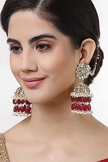 Gold Finish Crystal & Semi-Precious Red Stone Jhumka Earrings