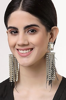 Gold Finish Crystal & Feather Dangler Earrings
