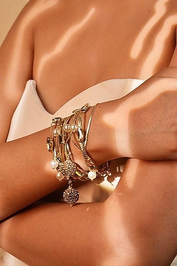Gold Finish Pearl & Crystal Charm Bracelet