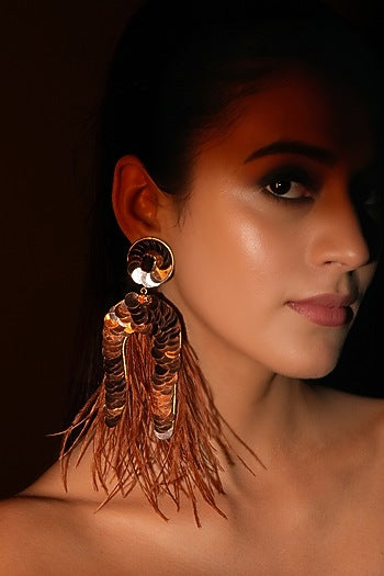 Gold Finish Brown Feather & Sequins Dangler Earrings