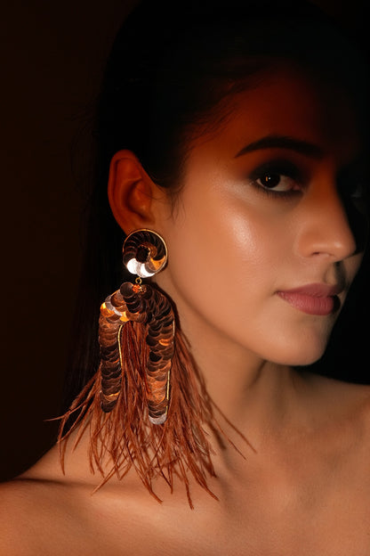Gold Finish Brown Feather & Sequins Dangler Earrings