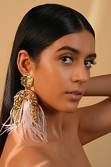Gold Finish Ivory Feather & Crystal Dangler Earrings
