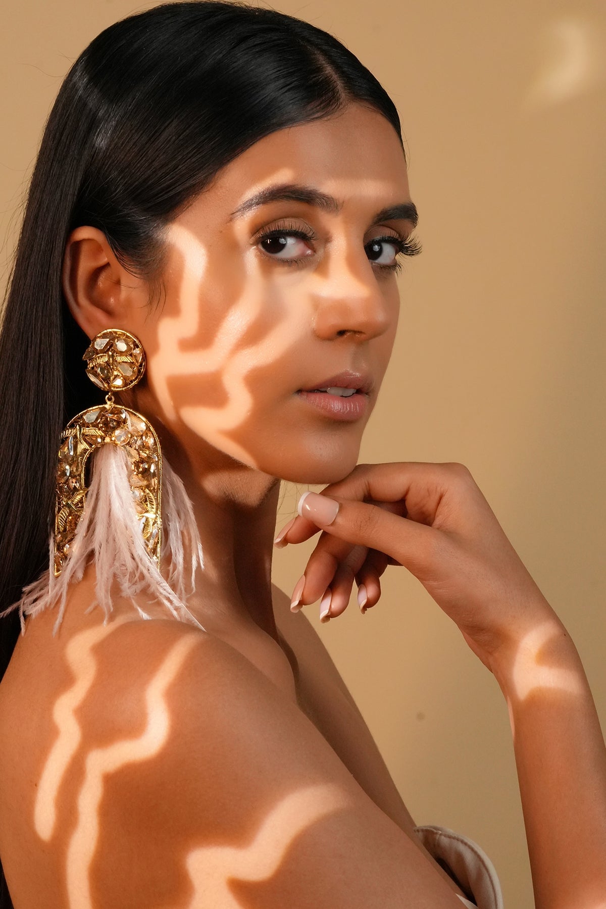 Gold Finish Ivory Feather & Crystal Dangler Earrings