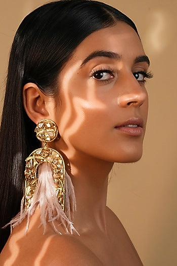 Gold Finish Ivory Feather & Crystal Dangler Earrings