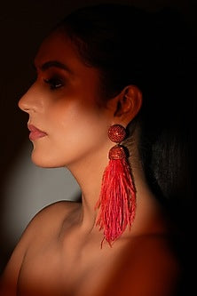 Gold Finish Red Feather & Crystal Dangler Earrings