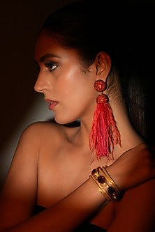 Gold Finish Red Feather & Crystal Dangler Earrings