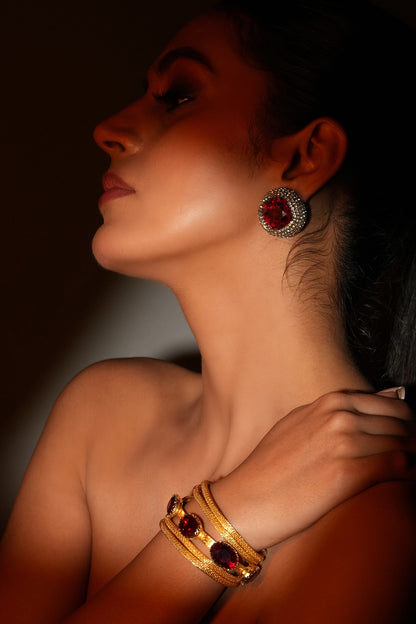 Gold Finish Deep Red Crystal Stone Stud Earrings