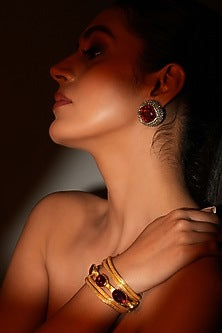 Gold Finish Deep Red Crystal Stone Stud Earrings