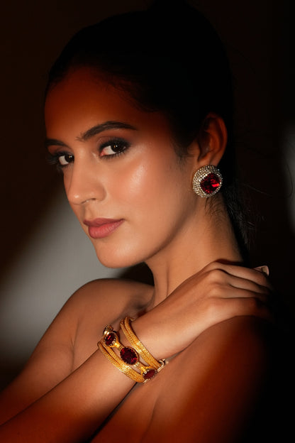 Gold Finish Deep Red Crystal Stone Stud Earrings