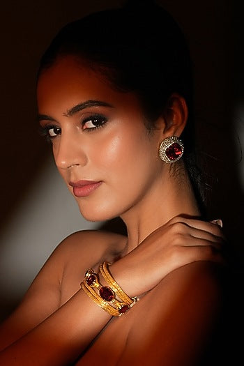 Gold Finish Deep Red Crystal Stone Stud Earrings