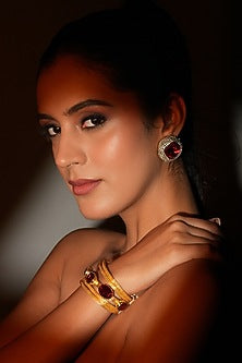 Gold Finish Deep Red Crystal Stone Stud Earrings