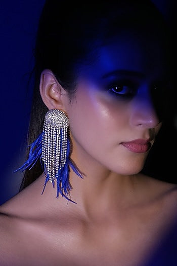 Silver Finish Blue Feather & Crystal Dangler Earrings