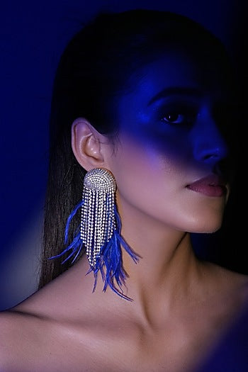 Silver Finish Blue Feather & Crystal Dangler Earrings