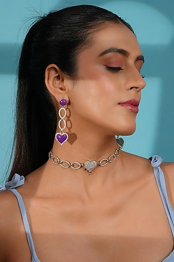 Silver Finish Crystal Enameled Heart Drop Dangler Earrings