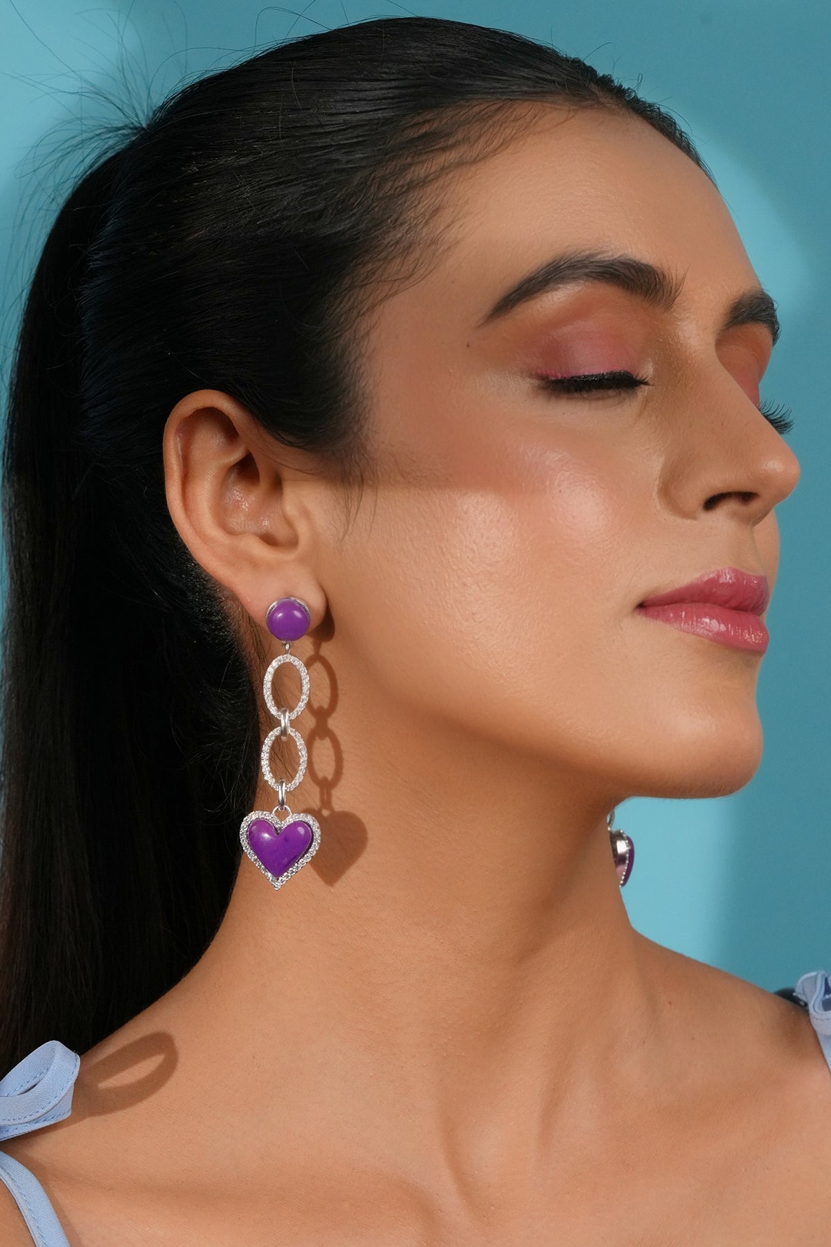 Silver Finish Crystal Enameled Heart Drop Dangler Earrings