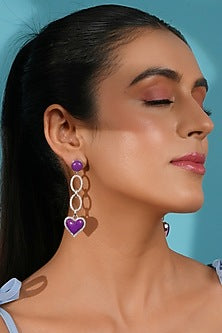 Silver Finish Crystal Enameled Heart Drop Dangler Earrings