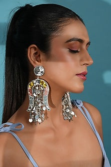 Silver Finish Mirror & Sequins Dangler Earrings