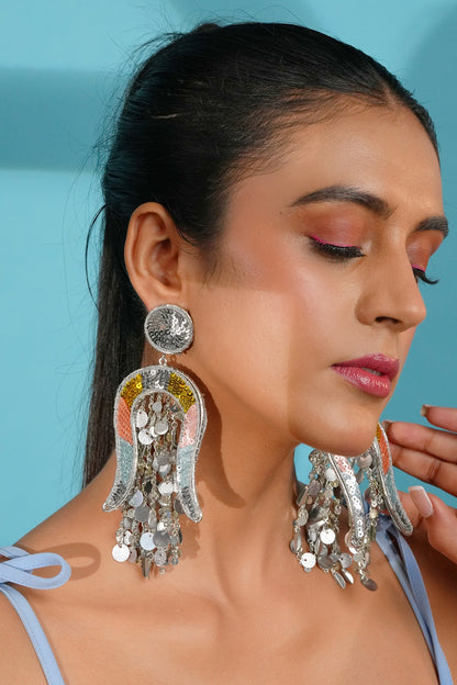 Silver Finish Mirror & Sequins Dangler Earrings