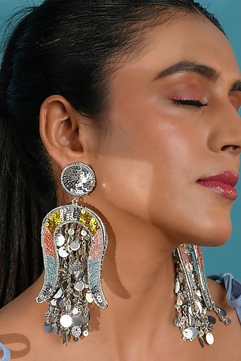 Silver Finish Mirror & Sequins Dangler Earrings