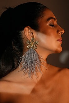 Gold Finish Grey Feather & Crystal Dangler Earrings
