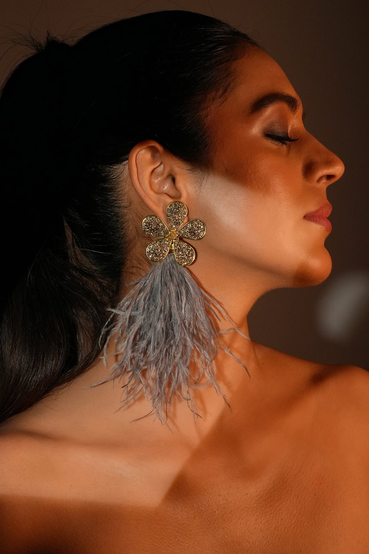 Gold Finish Grey Feather & Crystal Dangler Earrings